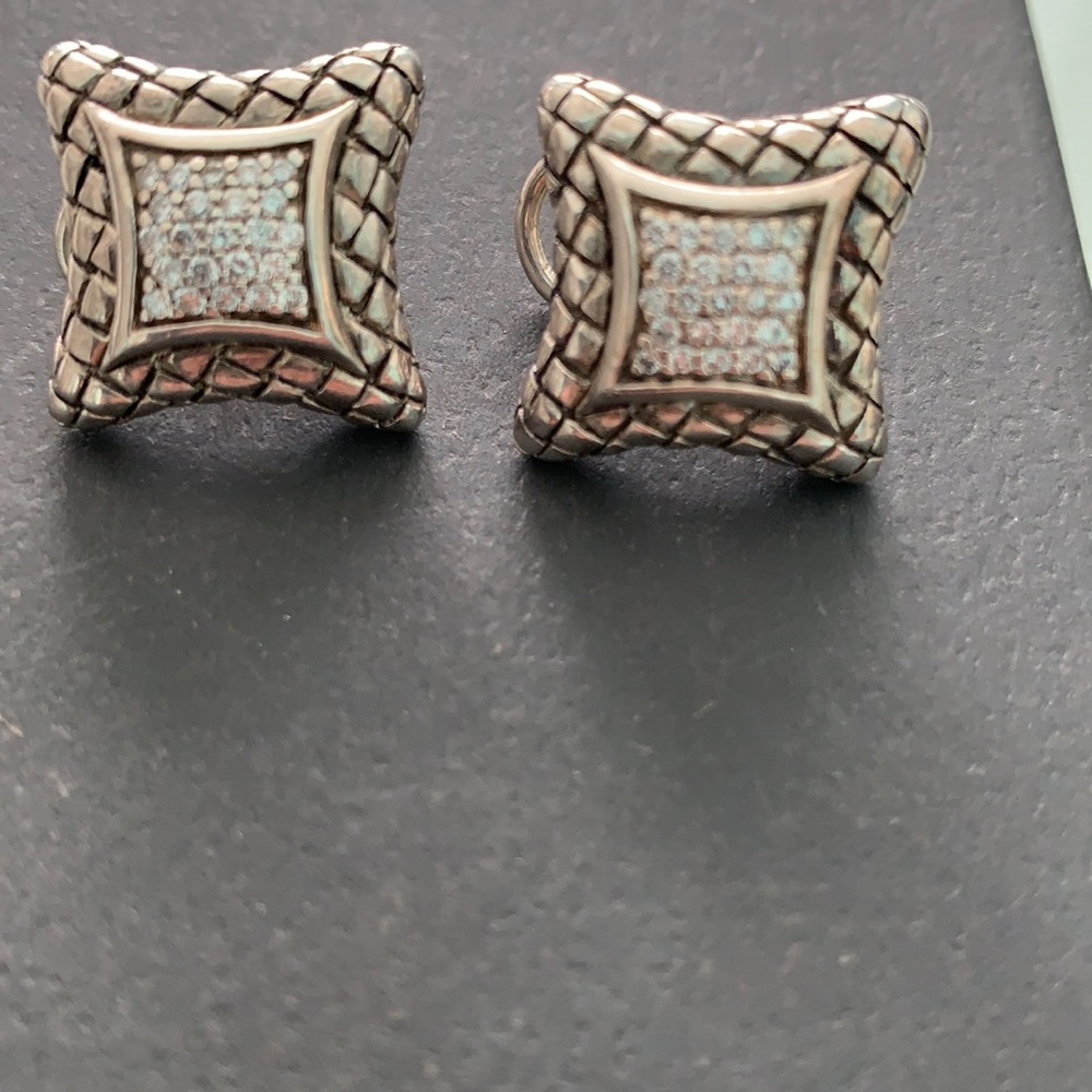 Sterling Silver Pave Square Stud Earrings - Silver